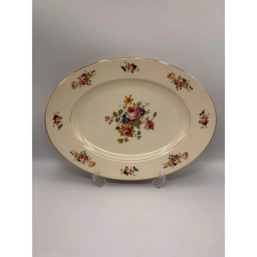 Vintage Czechoslovakia Floral Porcelain Serving Platter Gold Trim Oval 13” Roses